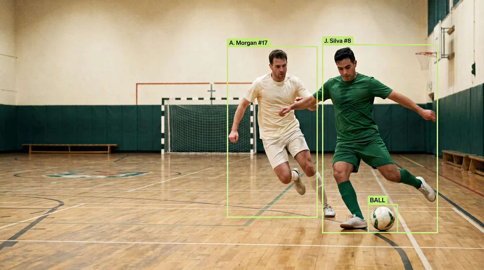 Two futsal players contest the ball on an indoor court, with illustrative player and ball tracking boxes.